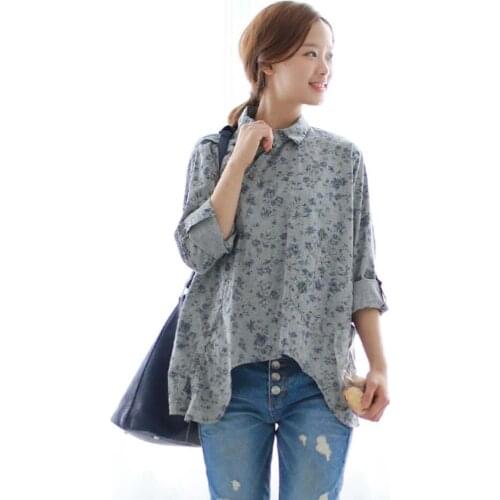 New Japanese Women Cotton Linen Oblique Button tops Female White Blue Floral Turn-down Collar Irregular flowerLoose Blouse shirt