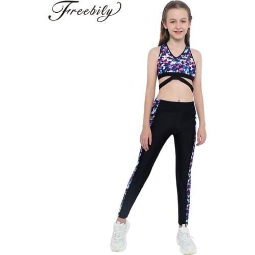 Kids Girls Geometric Print V Neck Sleeveless Two-Piece Ballet Dance Gymnastics Leotard Sports Outfits Tank Top with Pants Set