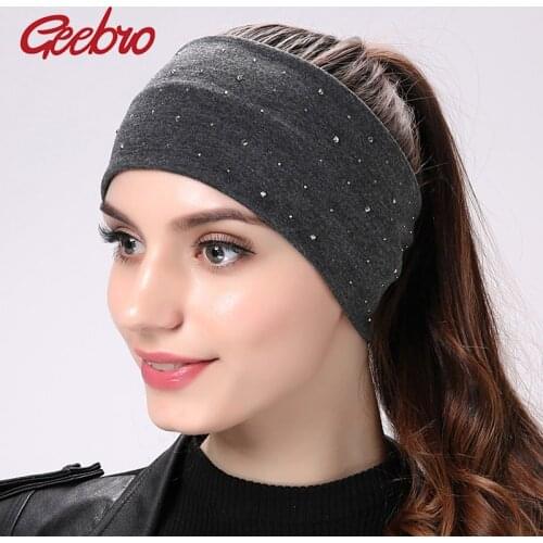 Geebro Brand Womens Rhinestone Headband Fashion Cotton Black Flat Head Bands for Girls Elastic Turban Wrap Hair Accessories