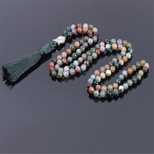 8mm Indian Agate 108 Beads Handmade Tassel Necklace Tibetan Buddhism Religious Retro Wristband Japa