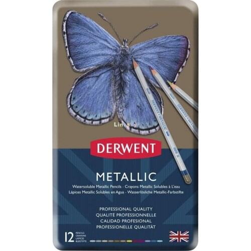 Derwent Metallic Water Soluble Pencils, 3.4mm Core, Metal Tin, Drawing, Art, 12-Pack (0700456),Estojo Lapis 12 Cores Metalicas