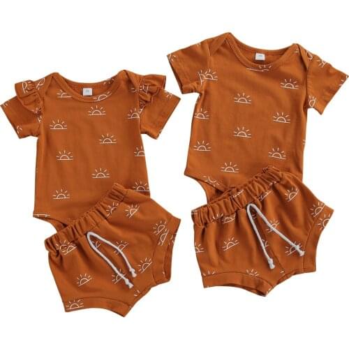 Newborn Baby Fashion 2-piece Outfit Set Sun Print Romper+Shorts Set for Kids Boys Girls