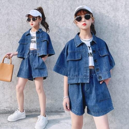 Short Denim Suit Baby Girl Clothes Shorts Costume Clothes For Girls Top + Pant Childrens Summer Suit Kids Clothes For 4-12 Age