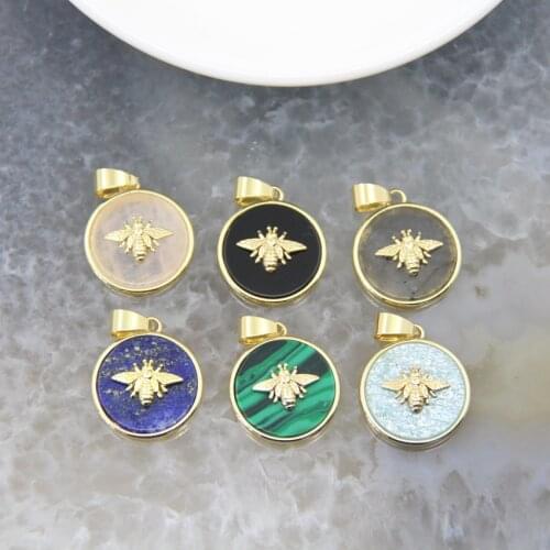 Round Natural Stone Amazonite Black Agates Malachite Paved Bee Pendants Charms Necklace For DIY Jewelry Making Accessories