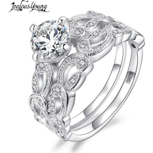 Fashion 2 Pcs Round Cubic Zirconia Engagement Ring with White Gold Color Vintage Crystal Wedding Rings for Women Gift anillos