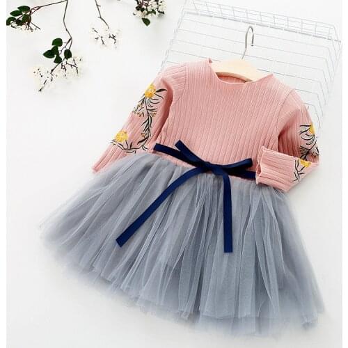 Fashion Autumn Winter Knitted Dresses Baby Girl Dress Embroidery Flower Infant Baby Dress Party Tutu Ball Gown Dress