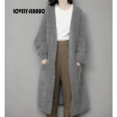 2020 New Women Winter mink cashmere cardigan coat female thick sweater V neck knit loose long free shipping JN380
