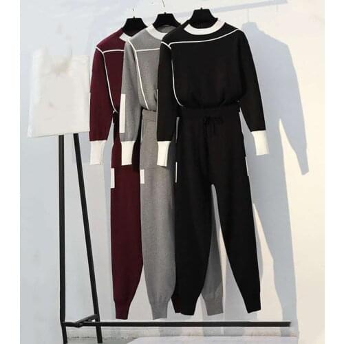 New Womens Set Knitted Patchwork Loose Sweater and Pants Female 2020 Autumn Winter Ladies Casual Suits Knitting Oversized