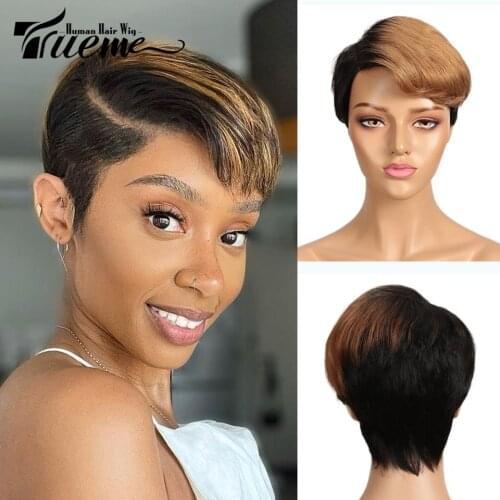 Trueme Short Pixie Cut Lace Part Wig Brazilian Remy Human Hair Wigs For Black Women Omber Blonde Brown Lace Part Human Hair Wig