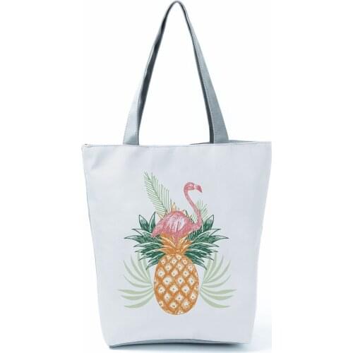 Flamingo Pineapple Printed Work Handbag For Women Office Foldable Study Bag Eco Outdoors Packs Durable Portable Shopping Bags