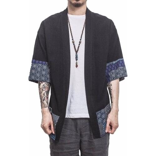 2019 Men Kimono Traditional Open Stitch Shirt Men Cotton Linen Shirts Male Three Quarter Sleeve Shirt Harajuku Mens Clothing 5XL