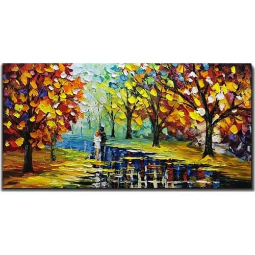 Hand Painted Palette Knife Outdoor Autumn Forest Landscape Oil Paintings Street Night Acrylic Wall Hangings Art Canvas Crafts