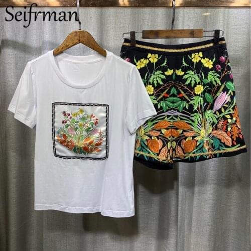 Seifrmann New 2021 Summer Women Fashion Designer Shorts Set Short Sleeve Loose Tops + High Waist Print Skirts 2 Two Pieces Suits