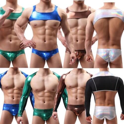 Sexy Men Harness Tank Top Shorts Sets PVC Shiny PU Leather Gay Underwear Erotic Lingerie Vest Briefs Nightwear Costumes Clubwear