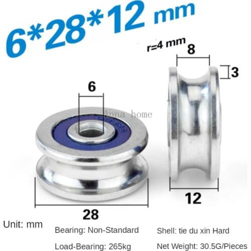 6*28*12mm groove U type, non-standard bearing pulley / guide wheel / roller, 8mm Round rail wire rope lifting wheel