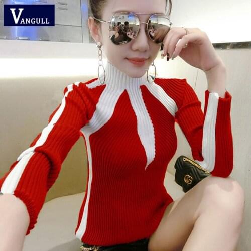 Vangull Knitted Turtleneck Women Sweater Full Sleeve Patchwork Striped Sweaters Pullovers Female Knitting Slim Sweaters Tops