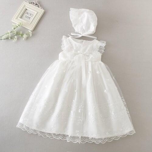 Vintage White Baby Girls Christening Gown Lace First Birthday Dress Girls Baptism Cloth Princess wedding dress with Bonnet