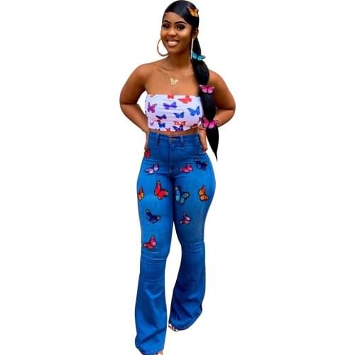 STYLISH LADY Embroidery Butterfly Printed Jeans 2020 Women High Waist Denim Blue Skinny Flare Jeans Wide Leg Pants Fat Mom Jeans