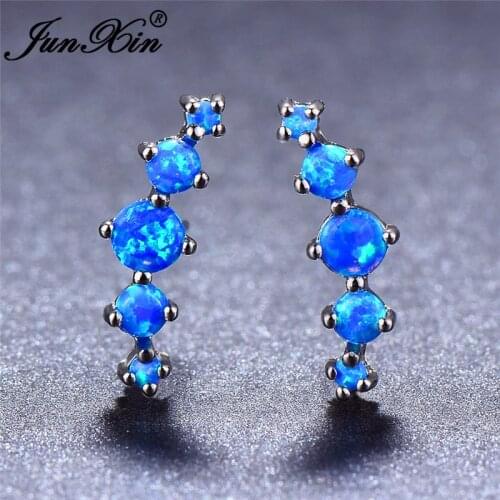 Luxury Blue White Fire Opal Stud Earrings For Women Silver Color Round Stone Rainbow Birthstone Earrings Wedding Studs Jewelry