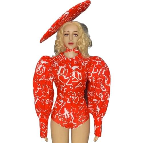 Fashion Letter Print Puff Sleeve Women Shirt Shorts Hat Three-Piece Set DJ Singer Stage Performance Wear Jazz Dance Costumes