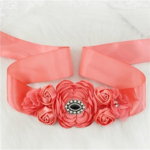 Womens Peach Blue Green Flower Sash Rhinestone Beaded Waistband Bridal Ribbon Cummerbunds Wedding Dress Waist Belt 19 Colors