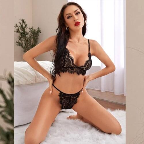 Women Sexy Two-piece Lingerie Set Black Suspender Backless Lace Bra + Panties Lace Thong Ladies Transparent Underwear Sleepwear