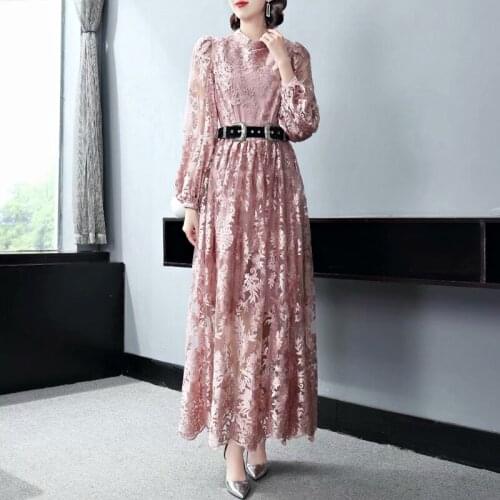 Designer Spring Autumn New High-quality Fashion Womens Long Dress Elegant Vintage Chic Casual Party Belt Embroidery Mesh Dress