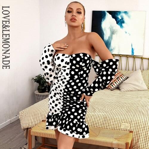 LOVE&LEMONADE Tube Top Black And White Polka Dot Stitching Flared Long Sleeves Ruffled Party Mini Dress LM82751