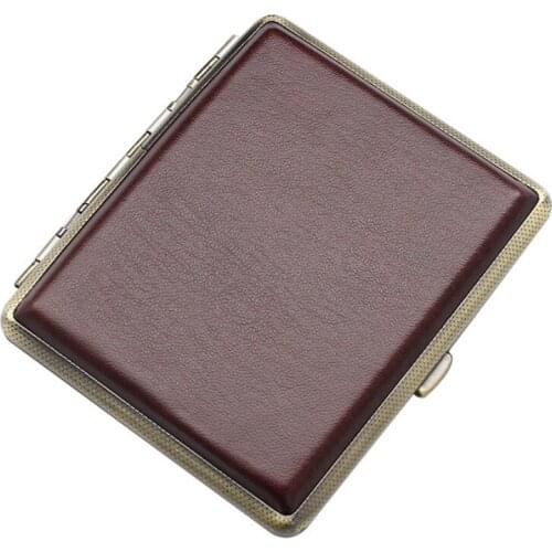 1pc Double-open Hold 18 Smoker Tobacco Cigarette Case Classical brown man-made leather Durable cheap Metal Box men Smoking gift