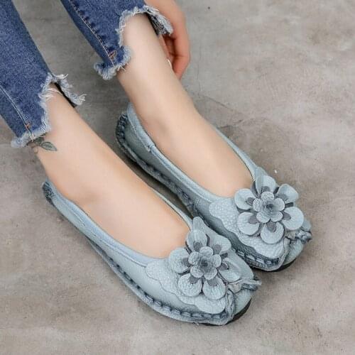 2021 Vintage Flower Women Flats Comfortable Genuine Leather Platform Shoes Women Round Toe Casual Loafers Slip on Handmade Shoes