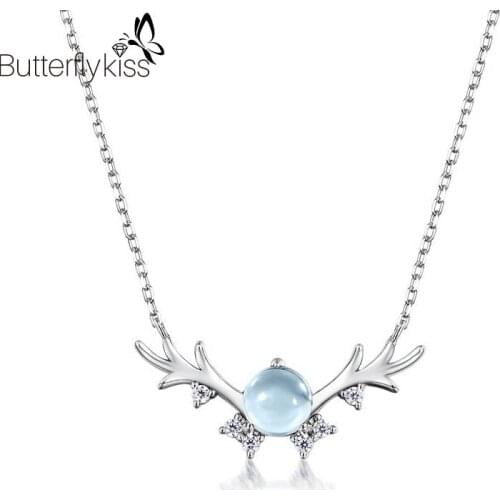 BK 925 Sterling Silver Deer Necklaces Sky Blue Topaz White Zircon Stone Pendants Wedding Engagement Fine Jewelry Female Gifts