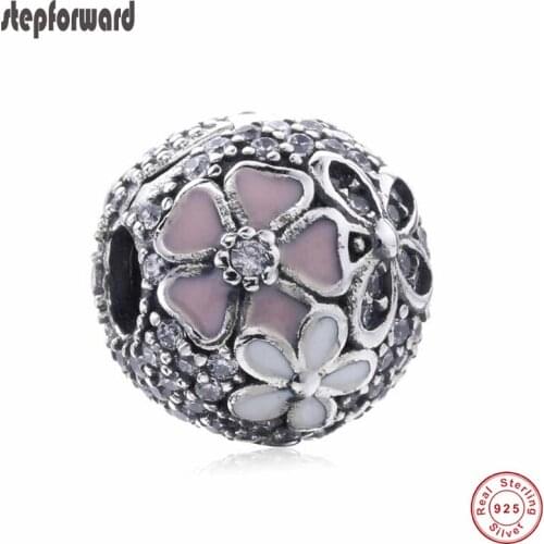 Fashion Good Quality New Collection Love Pink Enamel Flower Design 925 Real Silver Poetic Blooms Fixed Clip Charm Fit Bracelet