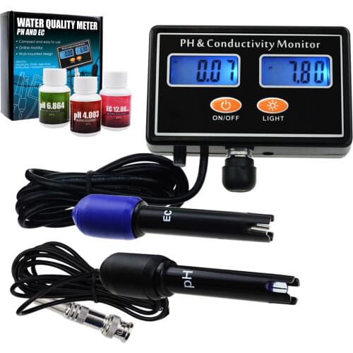 Digital Conductivity Monitor Tester ATC, PH & EC Meter Wall Mountable & Rechargeable Aquaculture, Aquarium, Pond, Hydroponic