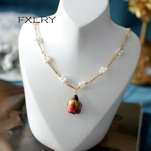 FXLRY French Vintage Handmade Natural Pearl Necklace Immortal Flower Forest Clavicle Chain Necklace For Women Jewelry