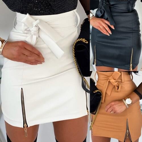 Hot Sale 2020 Fashion Sexy High Waist PU Leather Women Skirt Sashes Zipper Pencil Mini Length Autumn Winter White Black Khaki