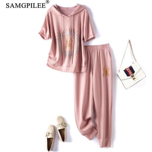 Two Piece Sets For Women 2021 New Fashion Short Sleeve Office Lady Pullover Hooded Elastic Waist Print Plus Size Woman Clothing