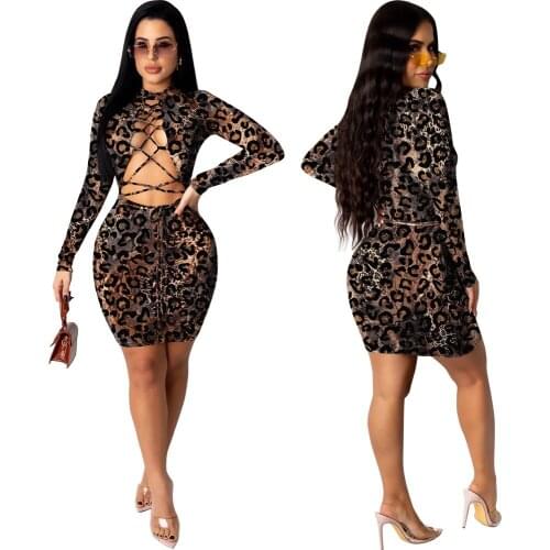 Leopard Mesh Mini Dress Women Midnight Party Wear Sexy Sheath Slim Bandage Lace Long Sleeve Backless Hot Female Clubwear