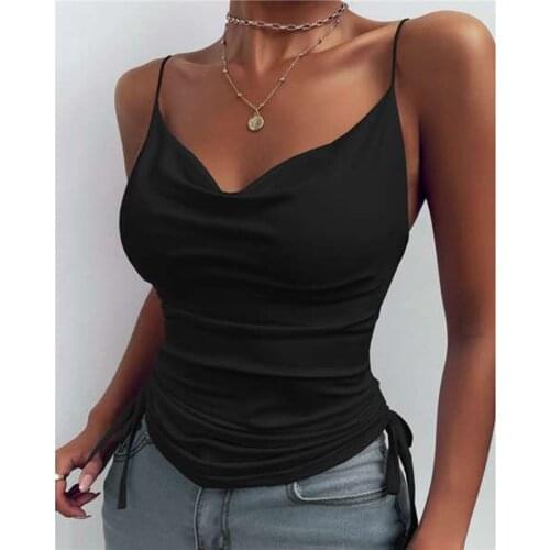 Side Drawstring Sexy Female Camis V Neck Sleeveless Ruched Tops Summer Solid Slim Ladies Streetwear Camisole
