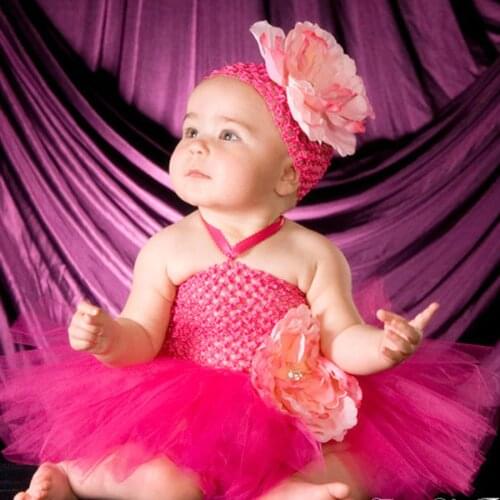 Sweet Luxury Hot Pink Peony Flower Crochet Tutu Dress Baby Handmade Tutu Dress with Headband for Wedding Party Photo TS087