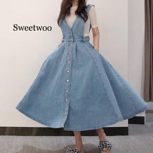 NORMOV Denim Dress Women Fashion Solid V Neck Sleeveless Backless With Button Pocket Mid Calf Cotton Strap Dress Office Lady