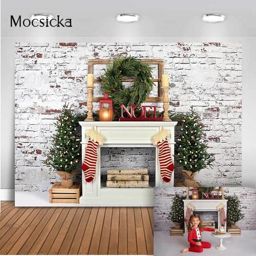 Christmas backdrop White Fireplace Background for photo studio White Brick Wall Photography Background Christmas Tree photocall