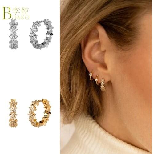 BOAKO S925 Sterling Silver Hoop Earring Gold INS Five-pointed Star Full Zircon Luxury Earrings Ear Buckle Female Earings