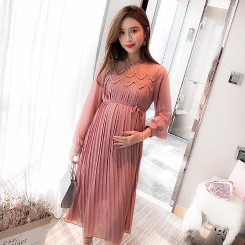 Chiffon Lace Dresses Maternity Clothes For Pregnant Women Long Sleeve Pleated Dresses Pregnancy Maternity Vestido Clothing