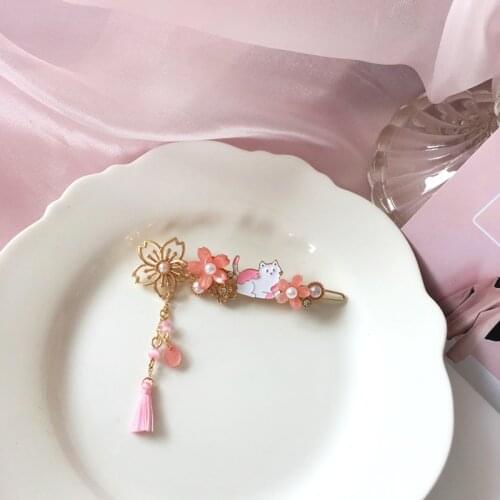 Timlee H028 Delicate Temperamental Cherry Blossoms Flower Cat Tassels Metal Hair Clips Popular Hair Accessary wholesale