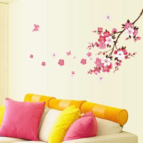 [ On Sale ] Removable Pink Color Butterflies Peach Blossom Pattern Wall Sticker for Living Room Bedroom