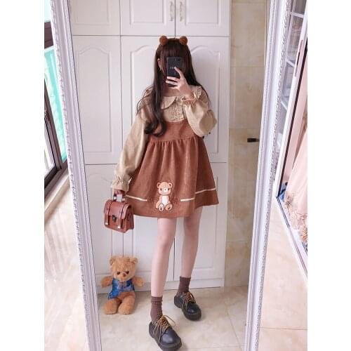 Japanese kawaii girl sweet lolita dress peter pan collar victorian dress loli gothic lolita op cute bear patch fake two pieces