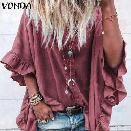 VONDA Women Casual Loose Lapel Neck Buttons Half Sleeve Ruffle Blouse Sexy Office Ladies Shirts Tunic Plus Size Tops 5XL