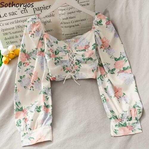 Women Shirts Design Crop Tops Long Sleeve Square Collar Floral Spring New All-match Leisure Chic Korean Style Elegant Female Ins
