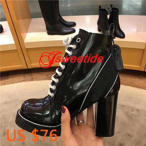 New Products Patent leather Ankle boots Woman Chunky Heel For Woman Brand Lace Up Thick heel Autumn and winter ankle boots