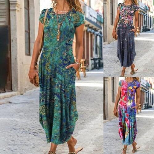 Womens Dress Round Neck Loose Female Ladies Vintage Floral Print Dresses Casual Loose Slim Sundress Vestidos robe femme été